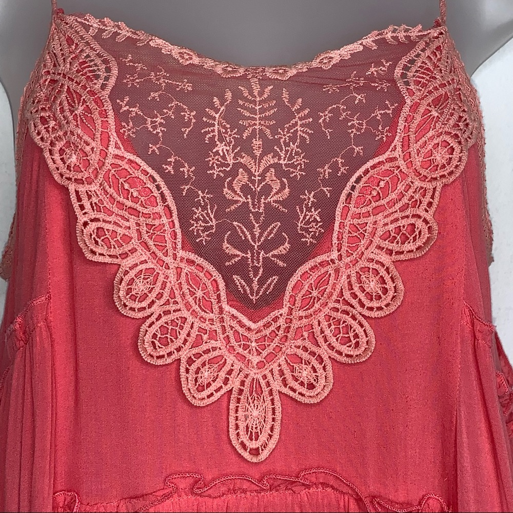 Maddy K Embroidered Lace Mesh Tiered Ruffle Mini Tunic Dress Coral Boho Beach - Picture 5 of 16